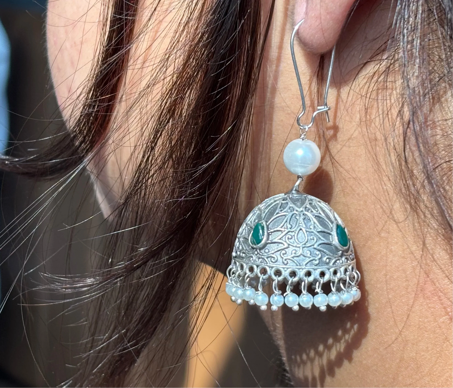 Fibre Moti Top and Black Polish Atique Jhumka Earring