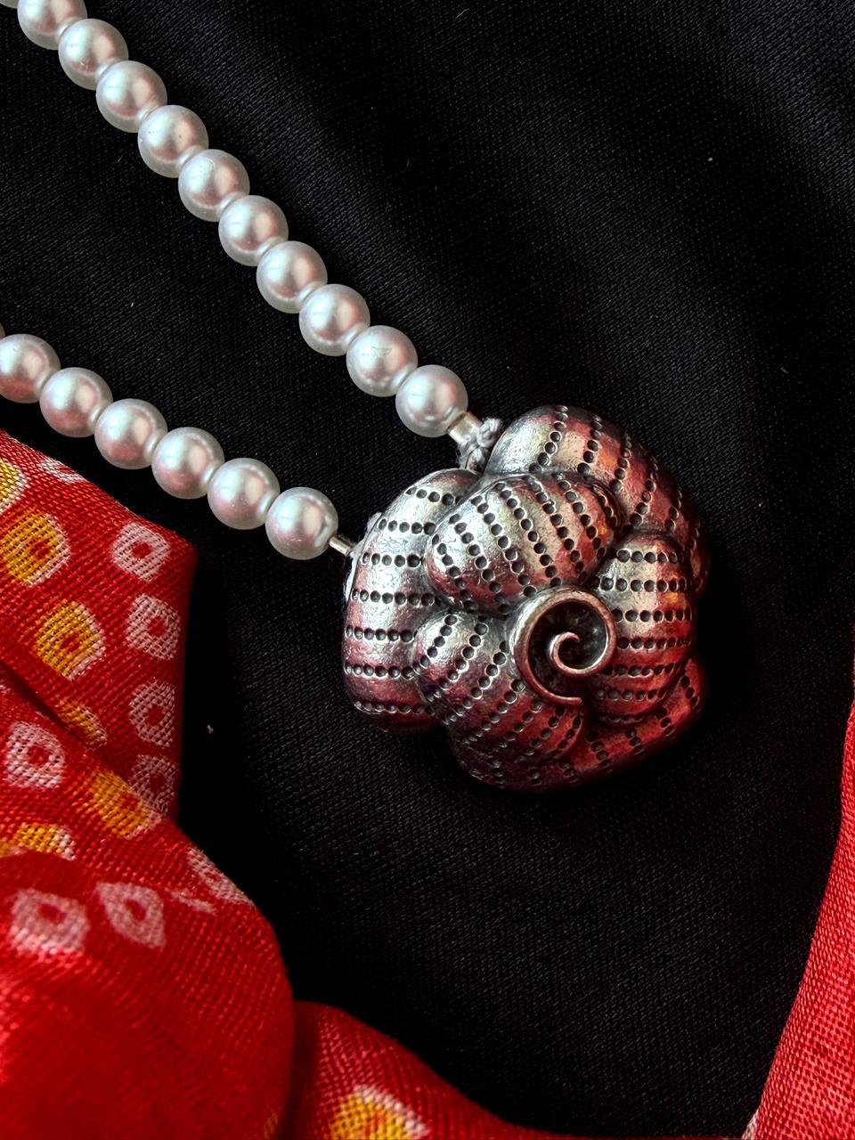 Oxidized Ganesha Pendant Pearl Mala Necklace