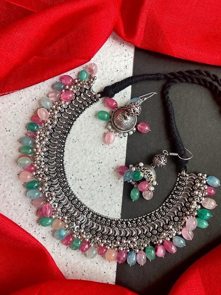 Oxidized Necklace with heavy Semi Precious Stones and Earring set