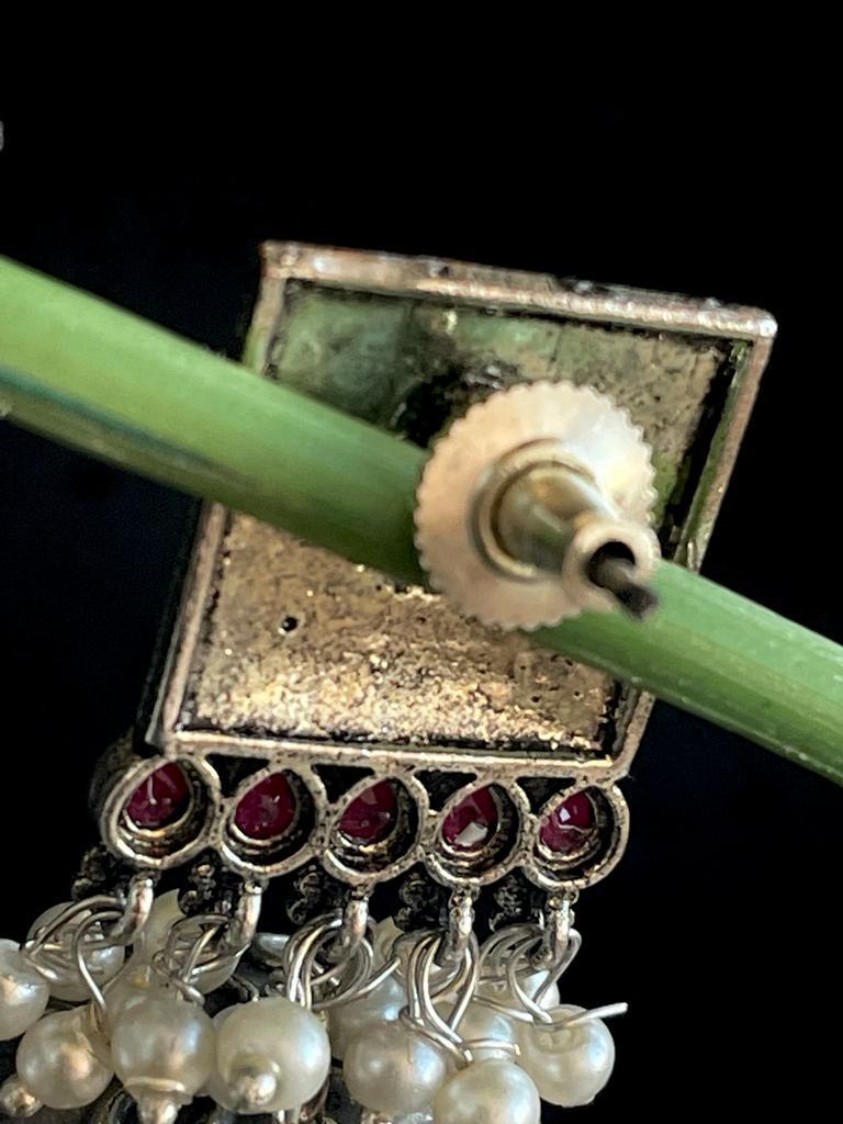 Oxidized Big Dome Square top Jhumka Earring with Beads