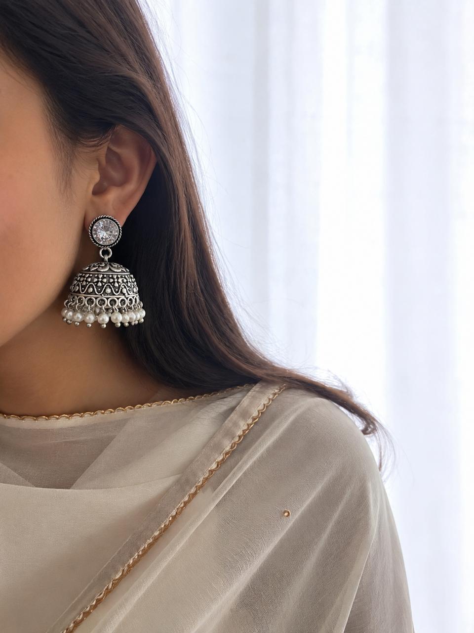 White Stone Top with Silver Replica Jhumki Earring