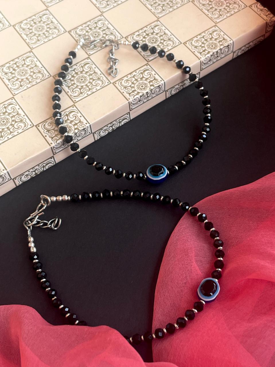 Black Beads Evil Eye Anklet Pair