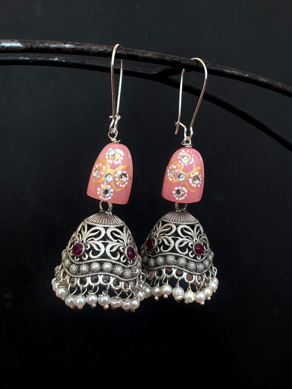 Hand printed Moti with Oxidized Jhumki Earring