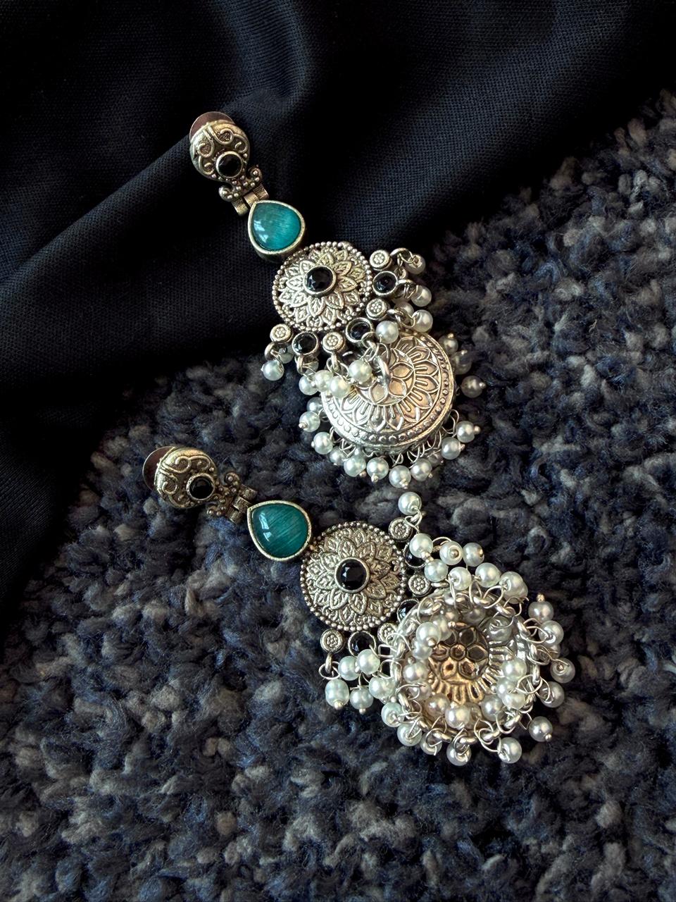 Monalisa Stone Beaded Ethnic Silver Replica Earring