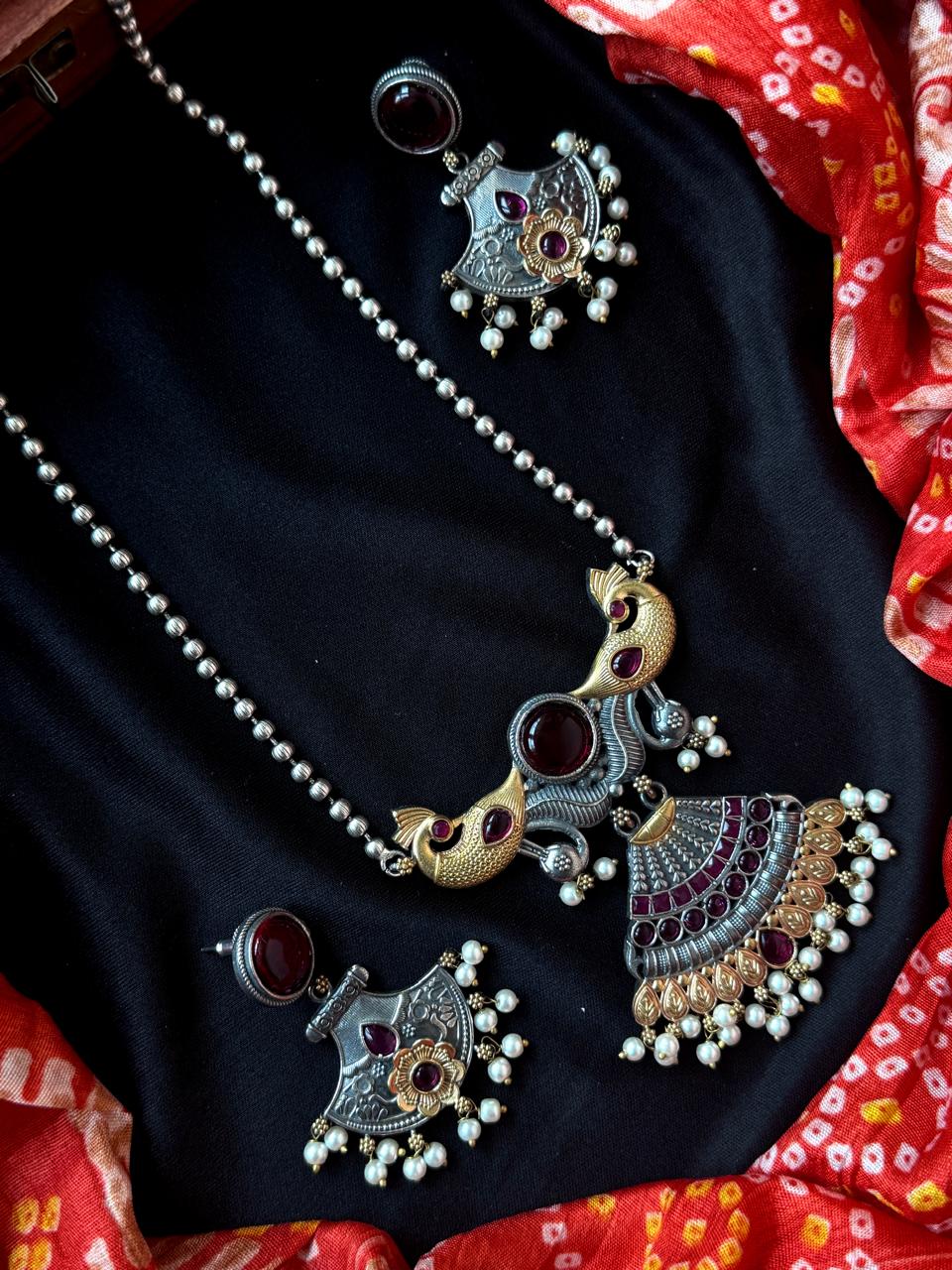 Dual Tone Peacock shape Pendant Chain Necklace with Earring set