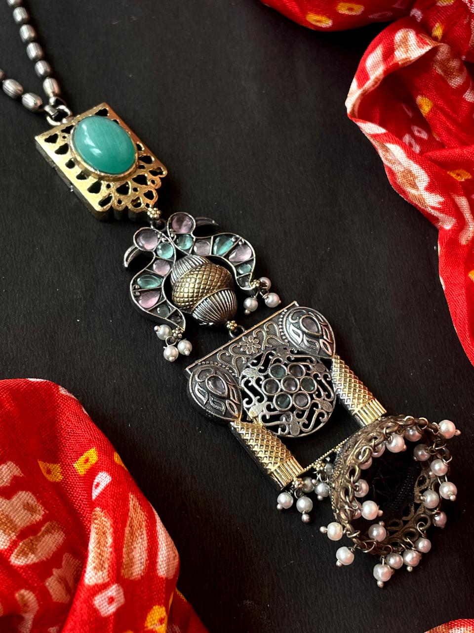 Monalisa Stone Dual Tone Beaded Pendant Chain Necklace