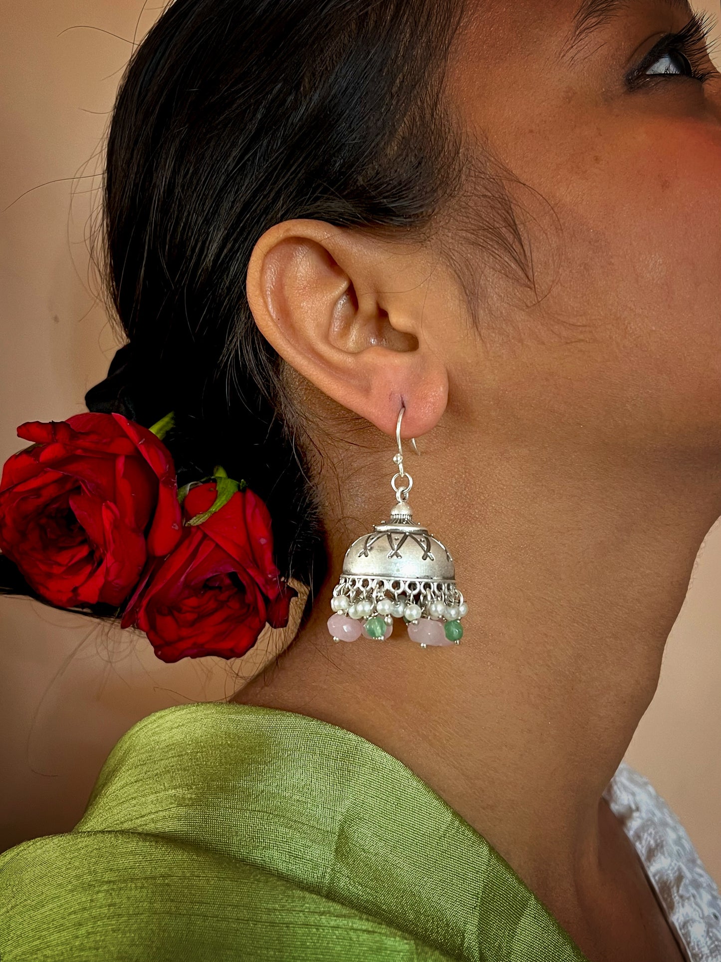 Stone Beaded Oxidized Jhumki Earring