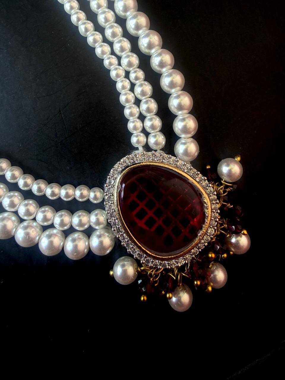 Monalisa Stone Pendant Shell Pearl Three Layered Mala with Adjustable Dori