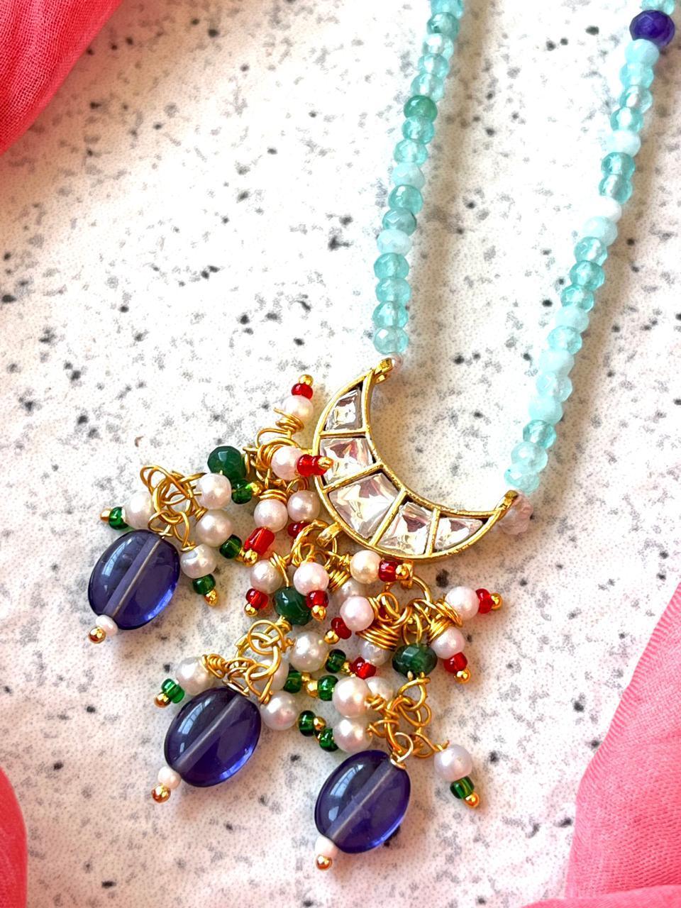 Kundan with Stone Beads Pendant Mala Necklace and Earring set