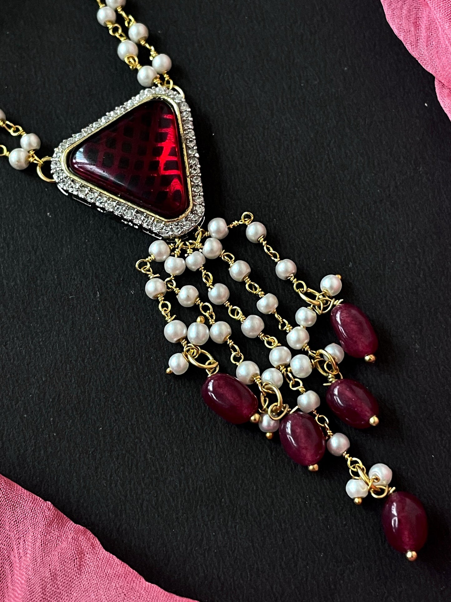 AD with Monalisa Jade Stone Beaded Pendant Beaded Mala Necklace