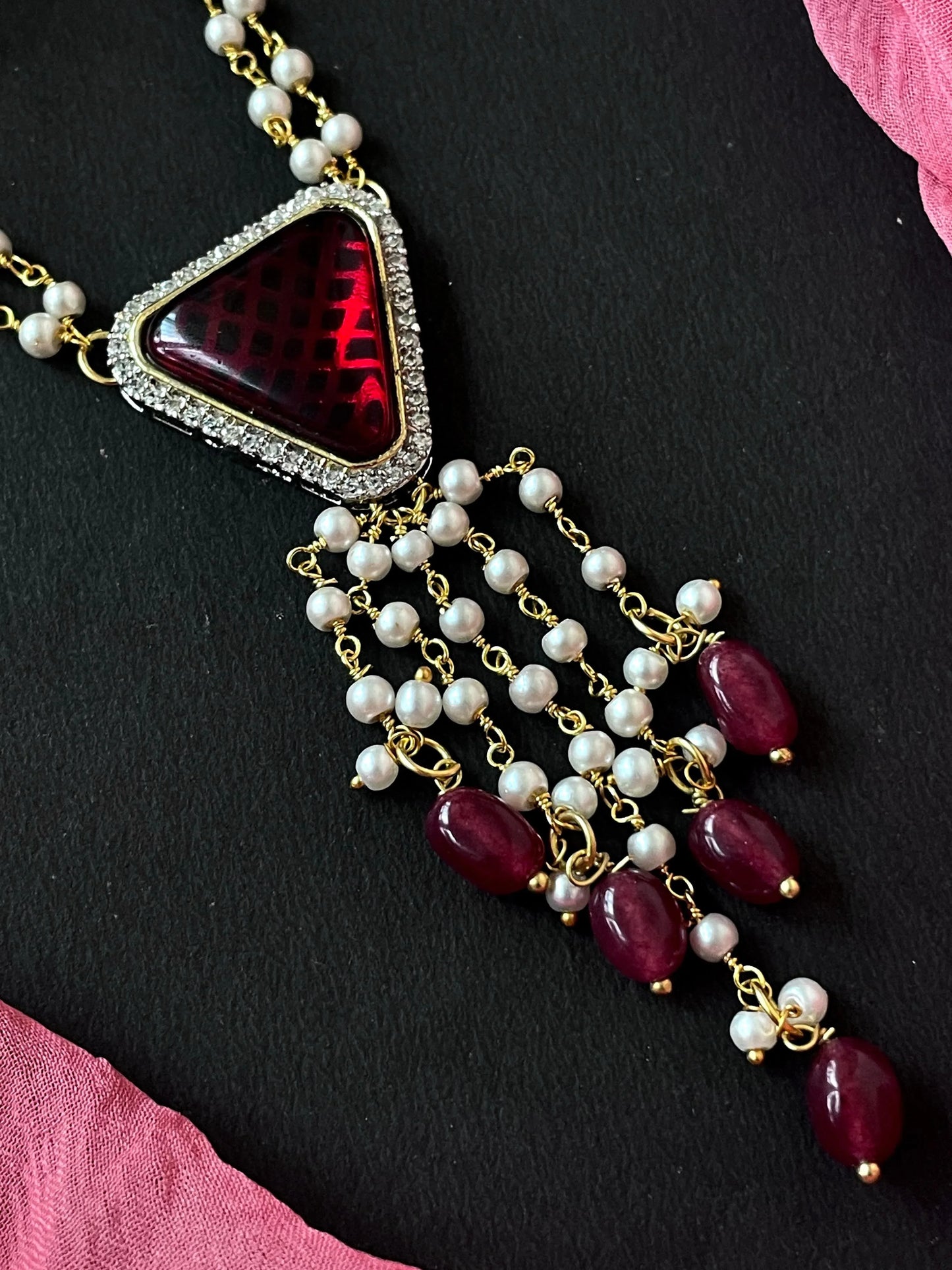 AD with Monalisa Jade Stone Beaded Pendant Beaded Mala Necklace