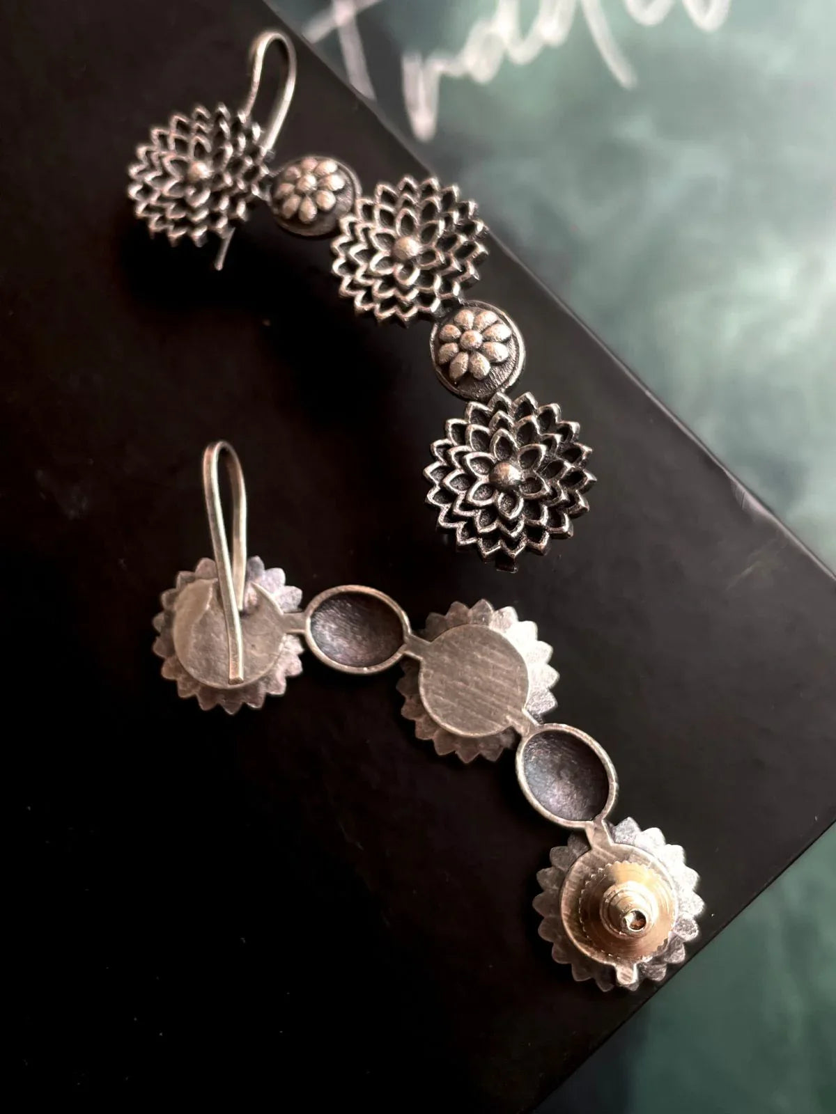 Flower motif long oxidized Earring Cuff