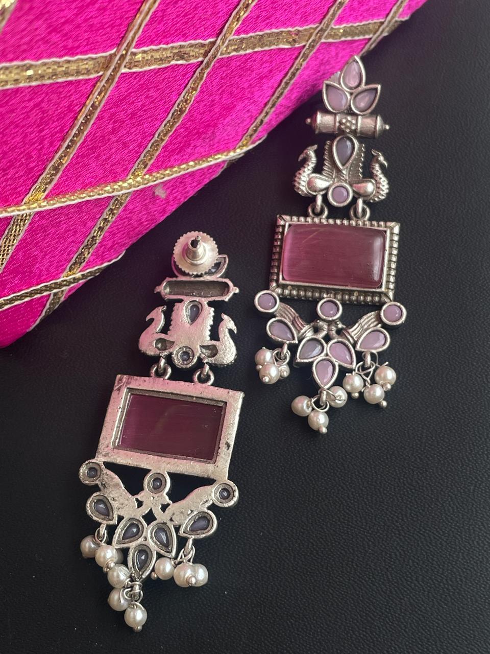 Monalisa Stone rectangular Silver Replica Oxidized Earring