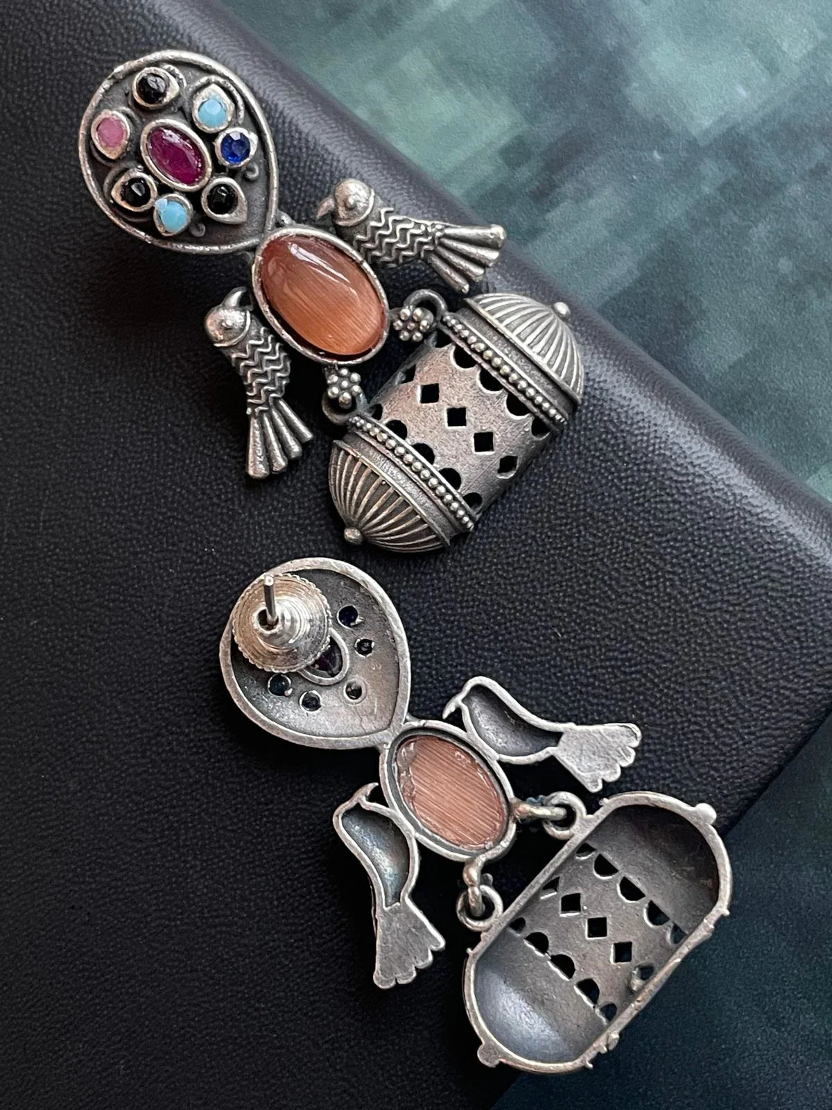 Monalisa Stone Oxidized Bird Shape Stud Earring