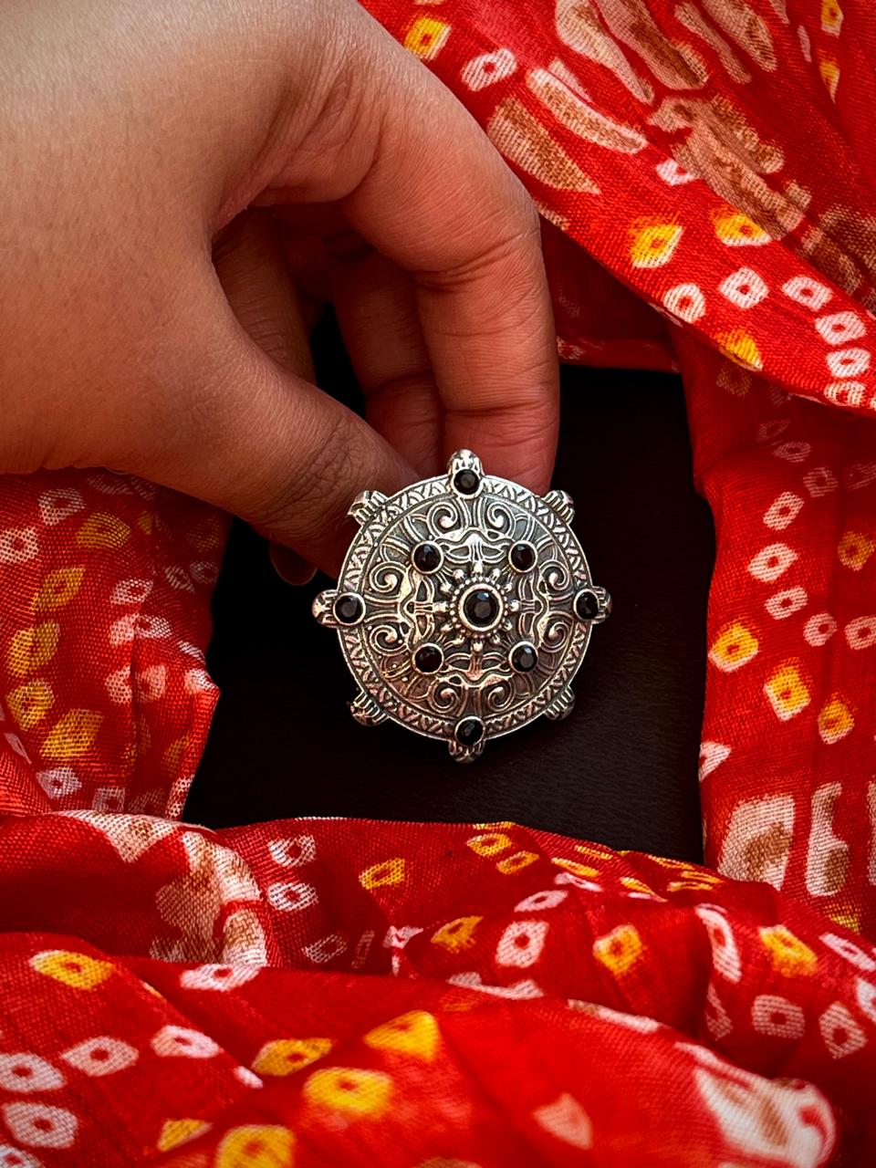 Oxidized Round Ring with Stone