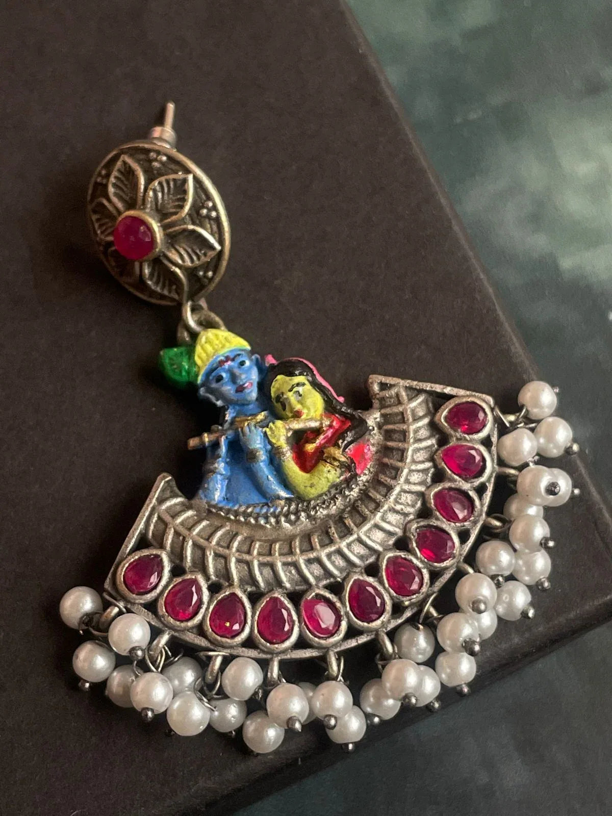 Hand Painted Radha Krishna Oxidized Earring