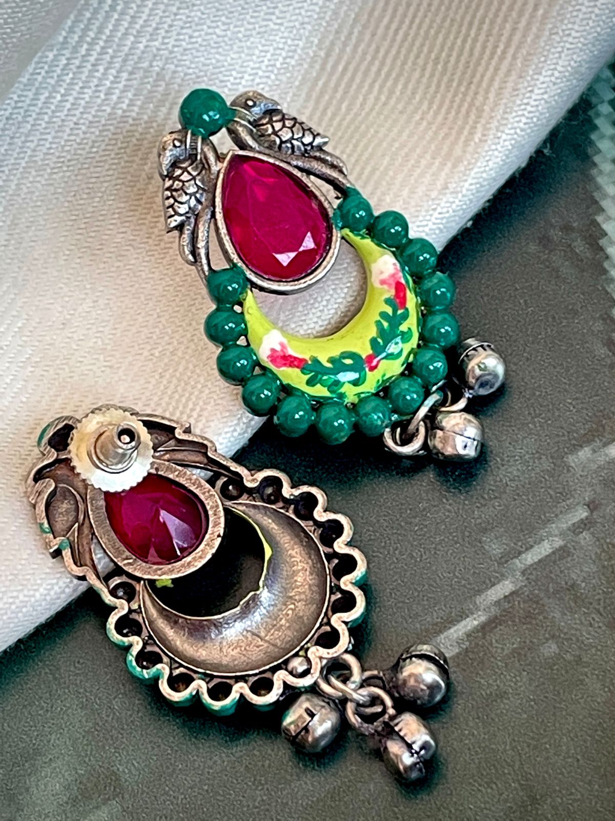 Hand Painted Oxidized Monalisa Stone with Ghunghroo Earring