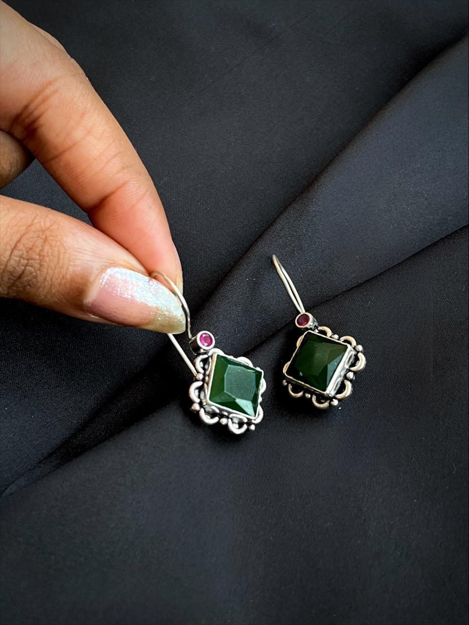 Green Square Cut Stone 92.5 Silver Earring