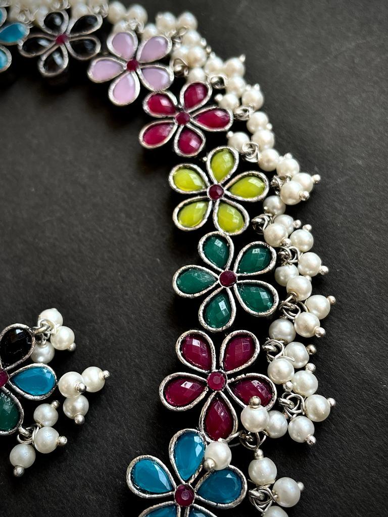 Oxidized Party Wear Choker with Earring set with heavy Stone Work