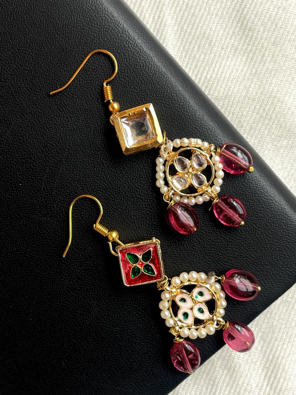 Meenakari, Kundan and Natural Stone Fusion Golden Choker with Earring Set