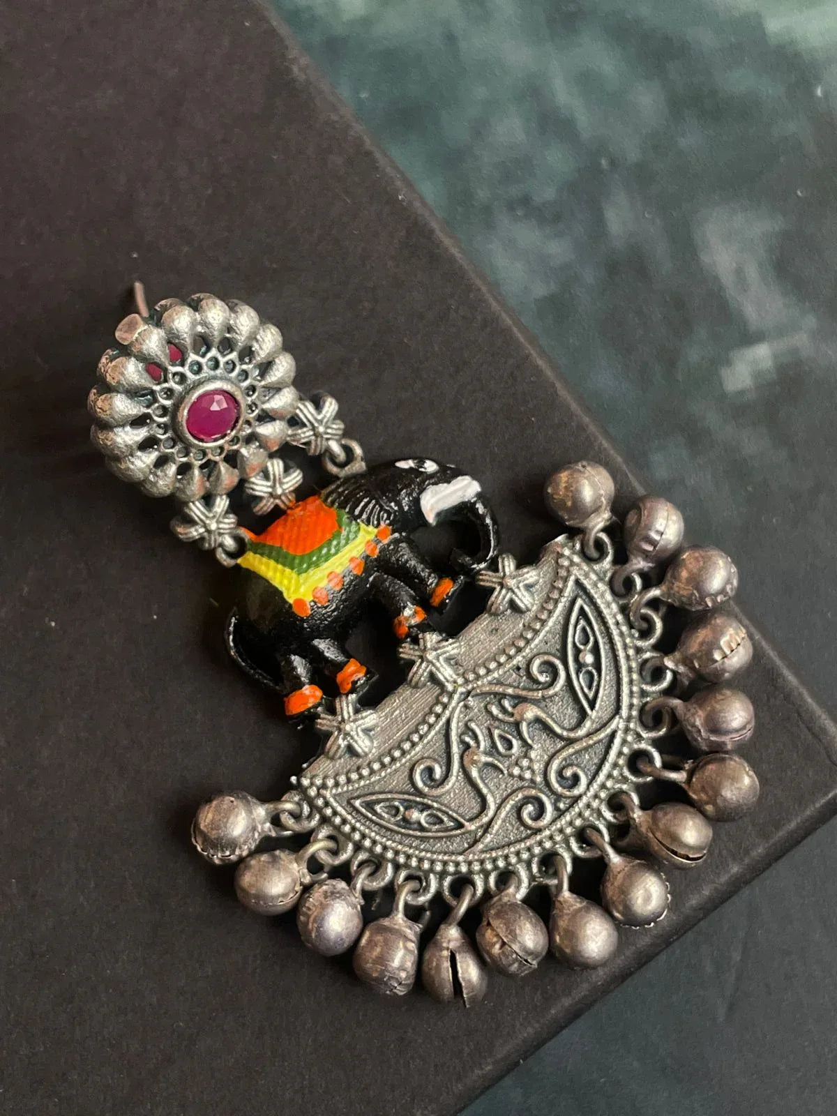 Hand Painted Elephant Oxidized Earring