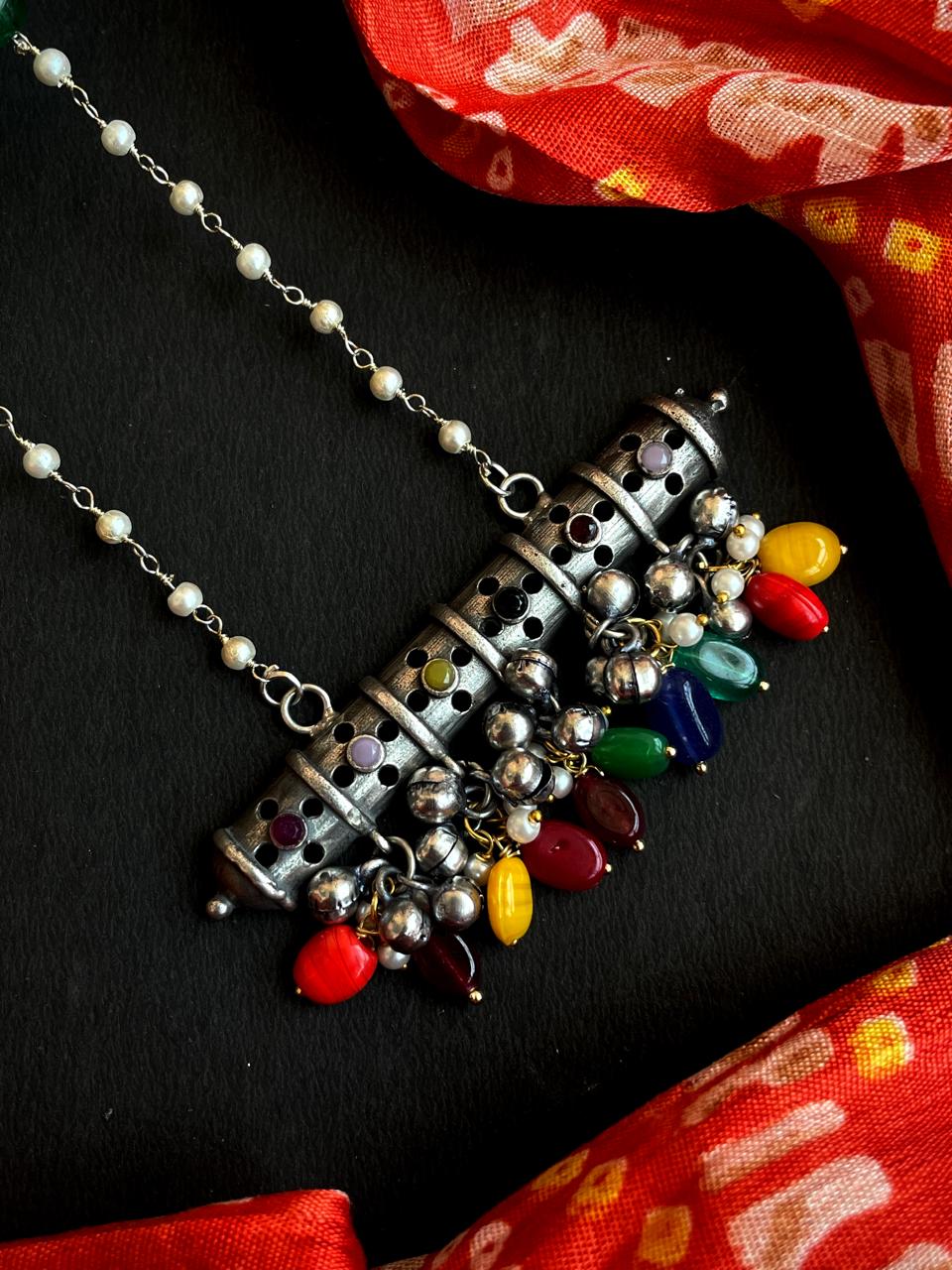 Oxidized Pendant Beaded Chain Necklace