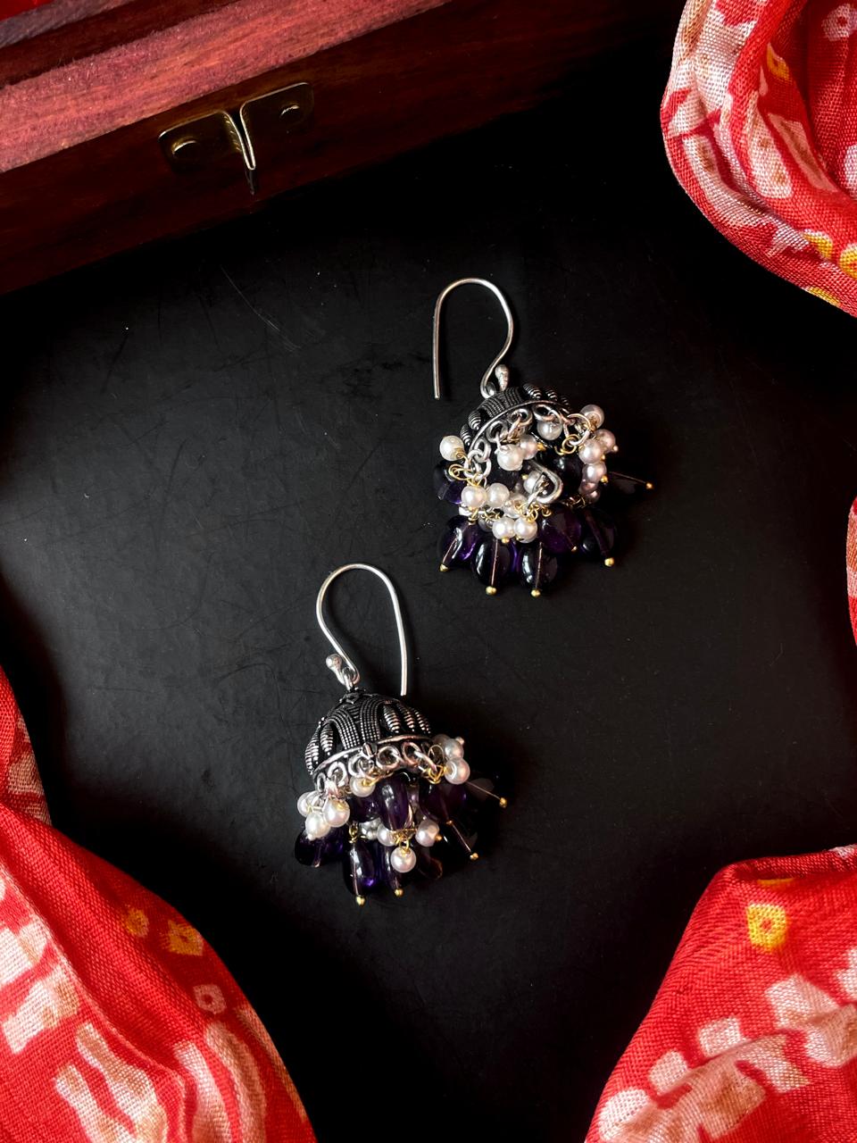 Stone Beaded Partywear Oxidized Jhumki Earring