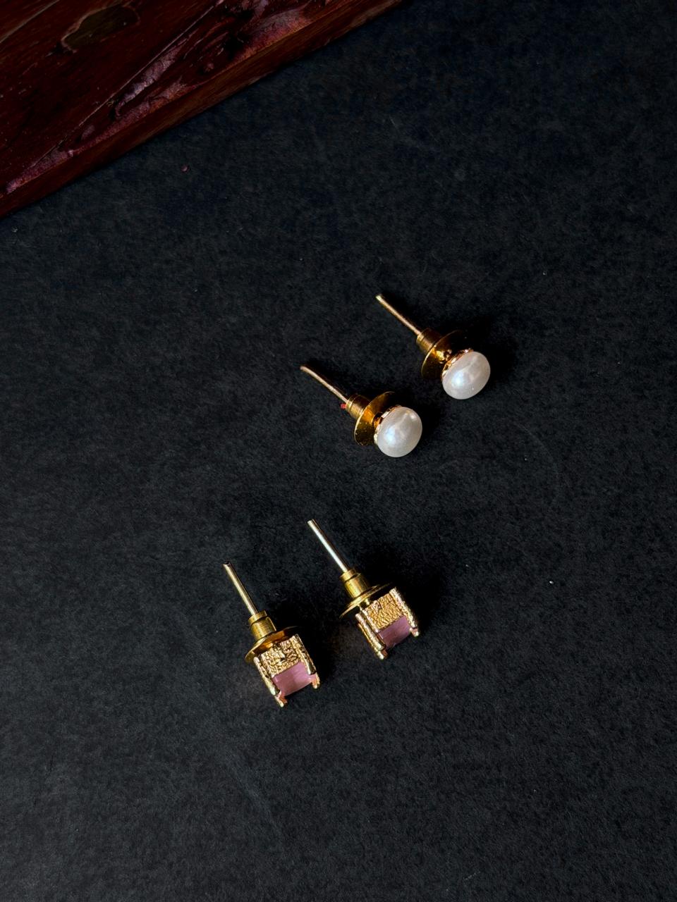 Monalisa Stone Reactangular Golden Earring with Pearl Earring Combo set