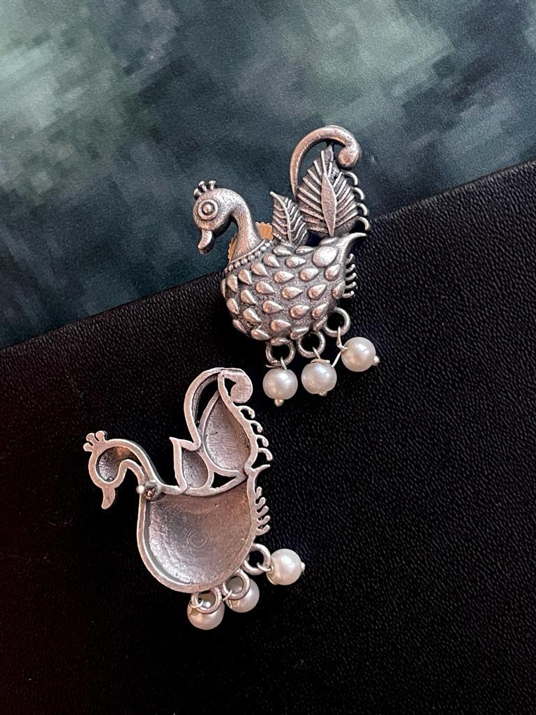 Trendy Oxidized Silver Peacock Design Stud Earring