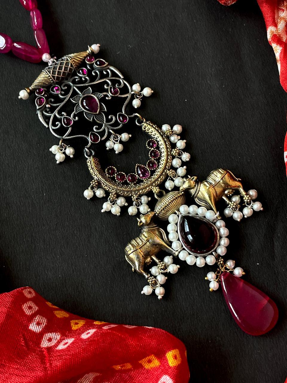 Dual Tone Beaded Pendant with Beaded Mala Necklace with Earring Set