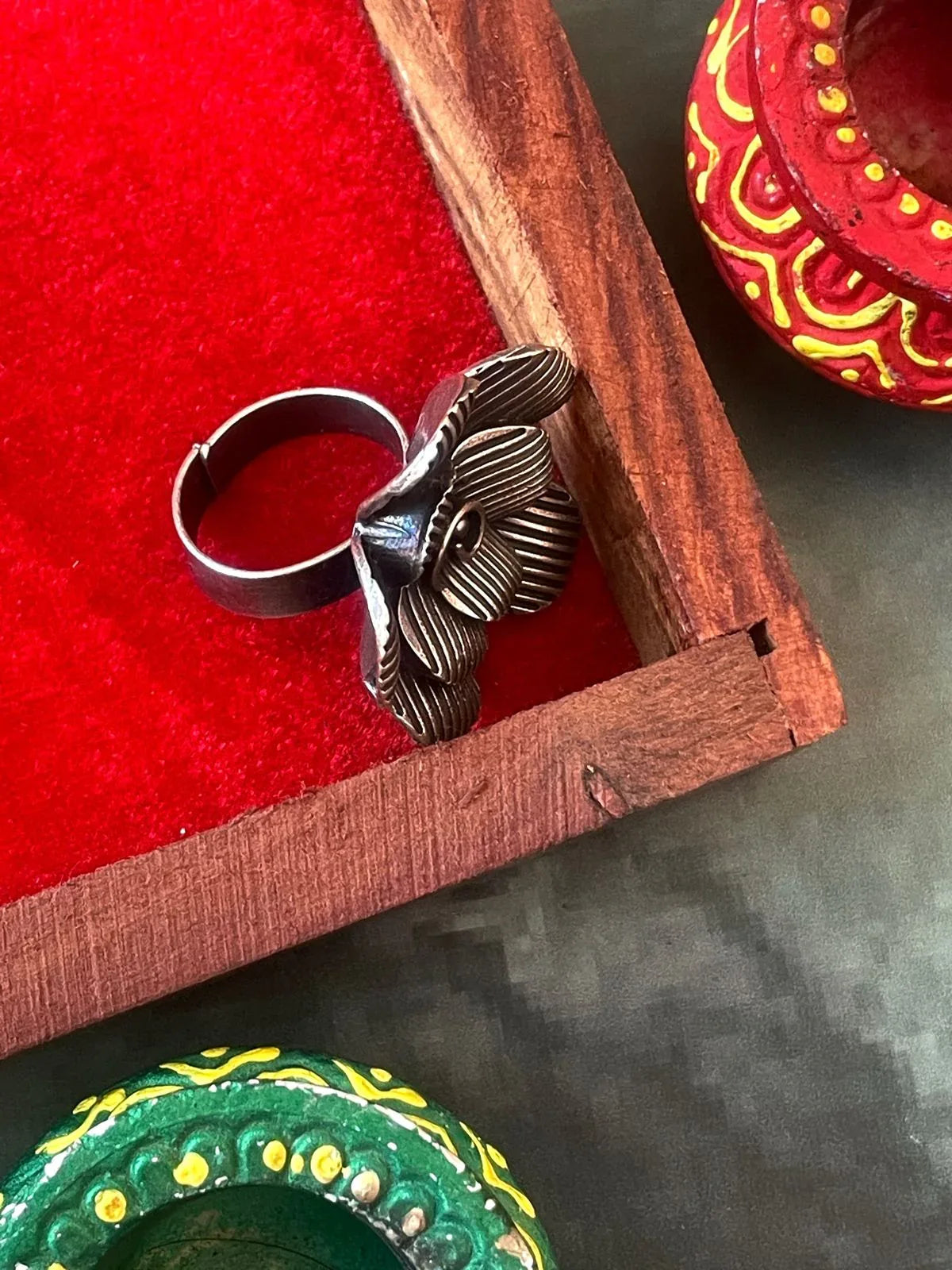 Floral Black Polish Ring