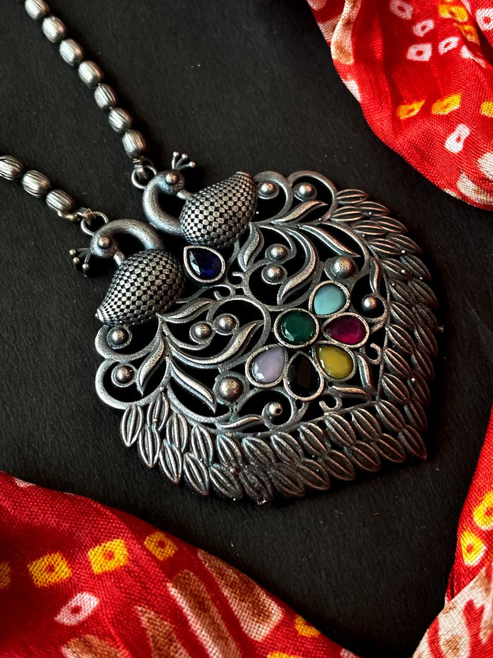 Oxidized Peacock Pendant Chain Necklace