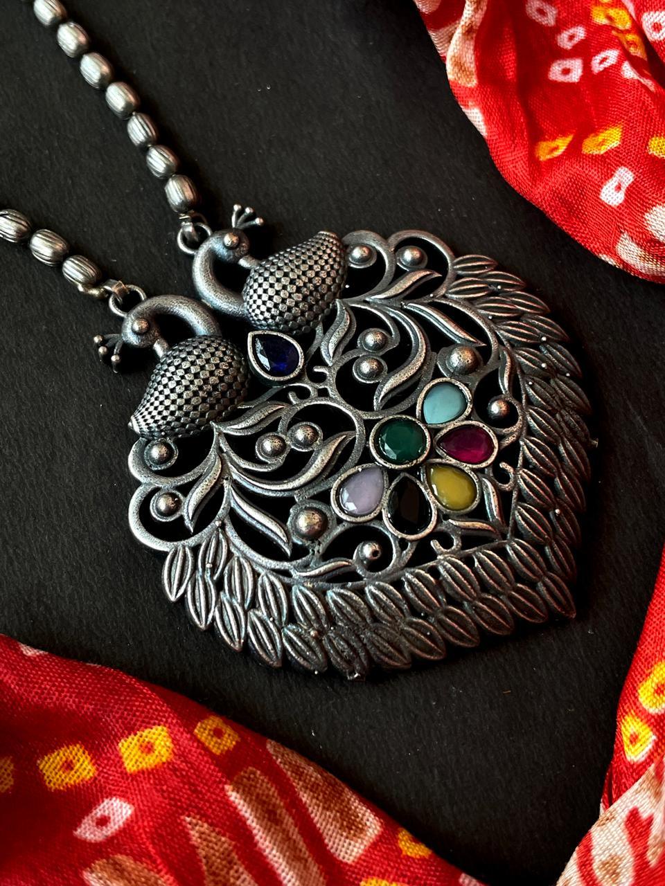 Oxidized Peacock Pendant Chain Necklace