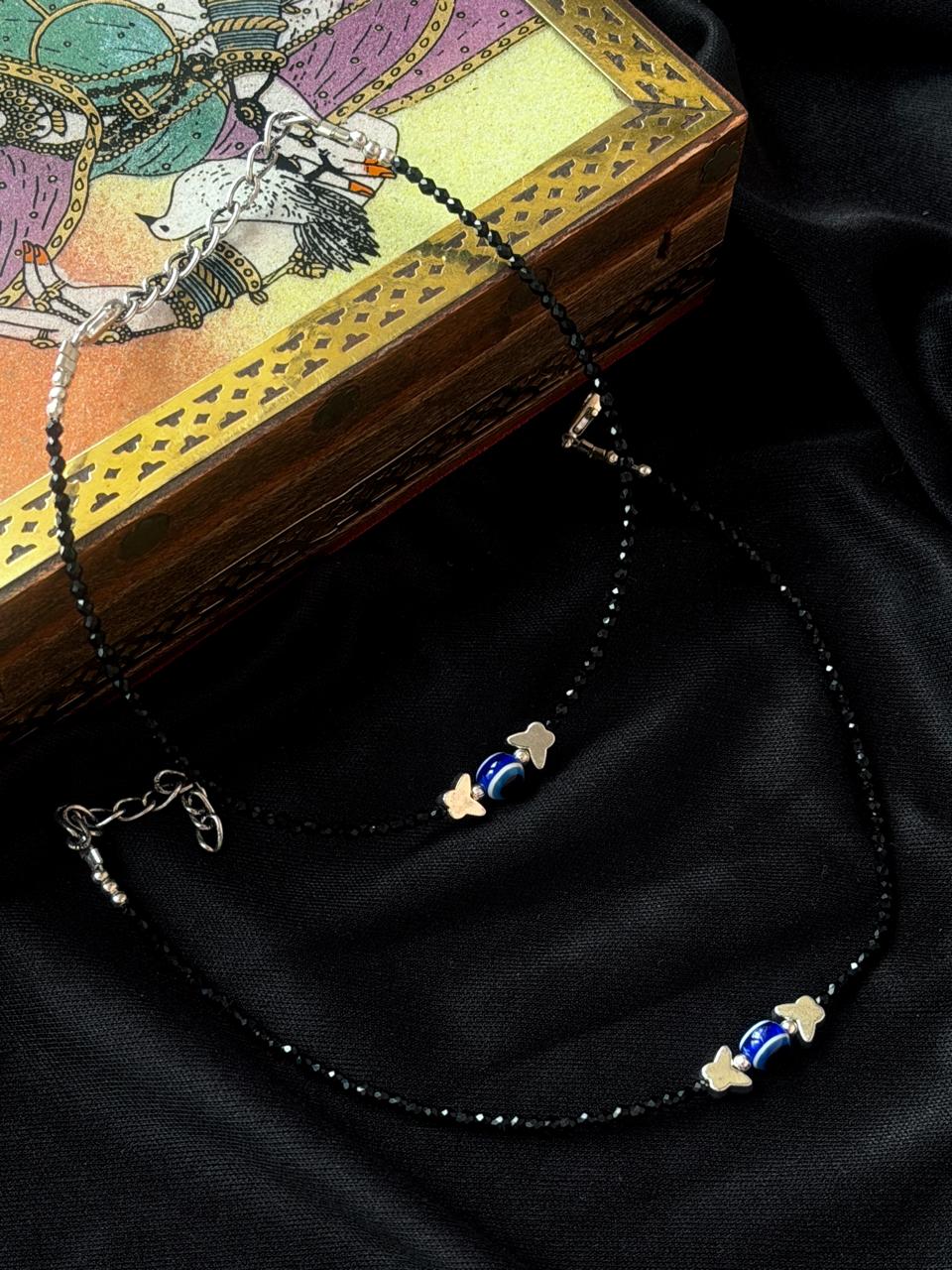 Butterfly Motif Evel Eye Blacked Beaded Anklet