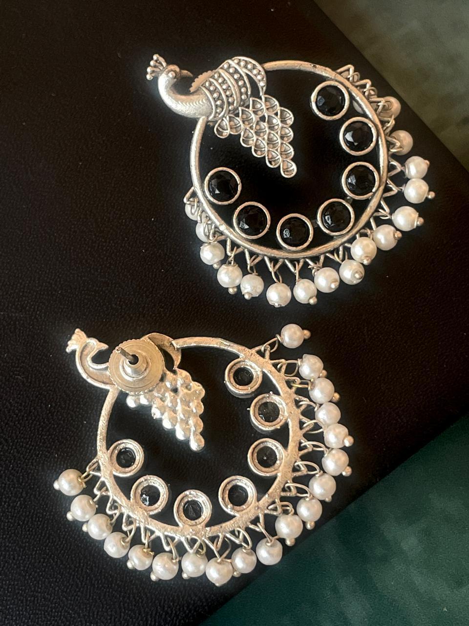 Silver Replica Peacock shape Monalisa Stone Beaded Round Earring