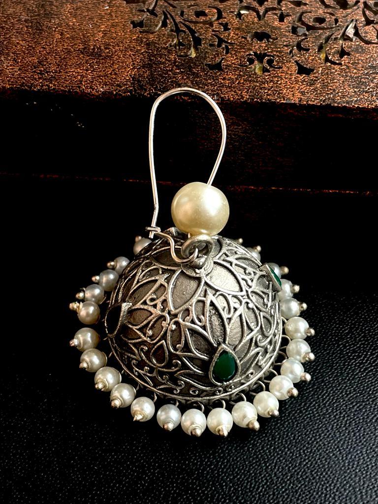 Fibre Moti Top and Black Polish Atique Jhumka Earring