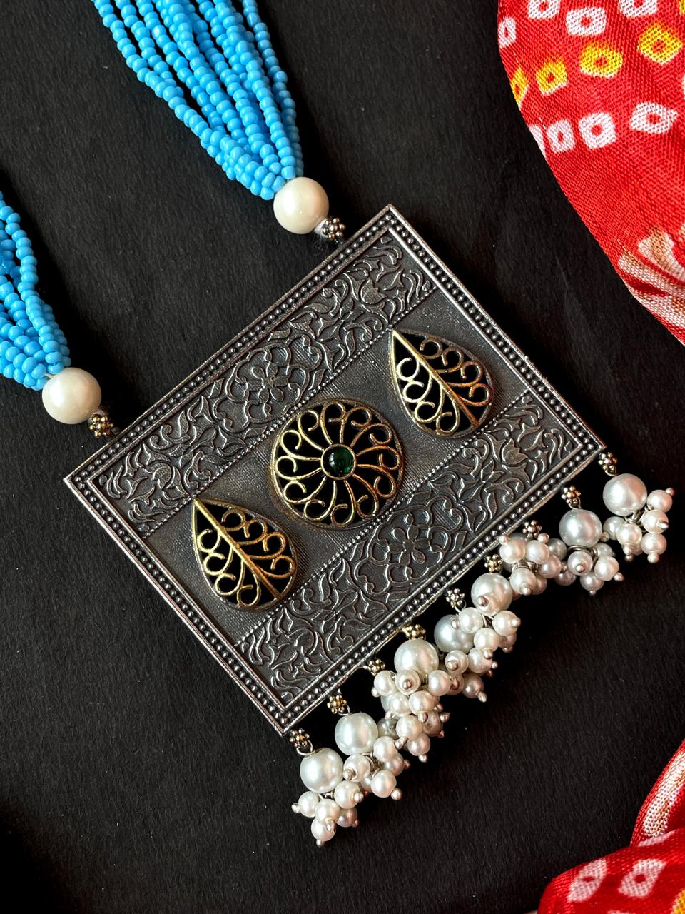 Black Polish Pendand Beaded Mala Necklace