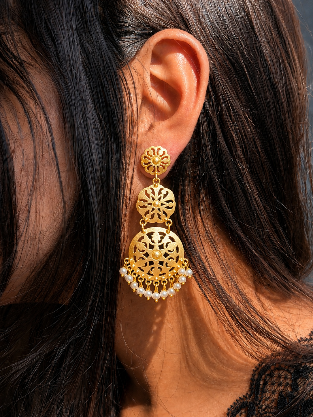 Golden Three Floral Beaded Earring