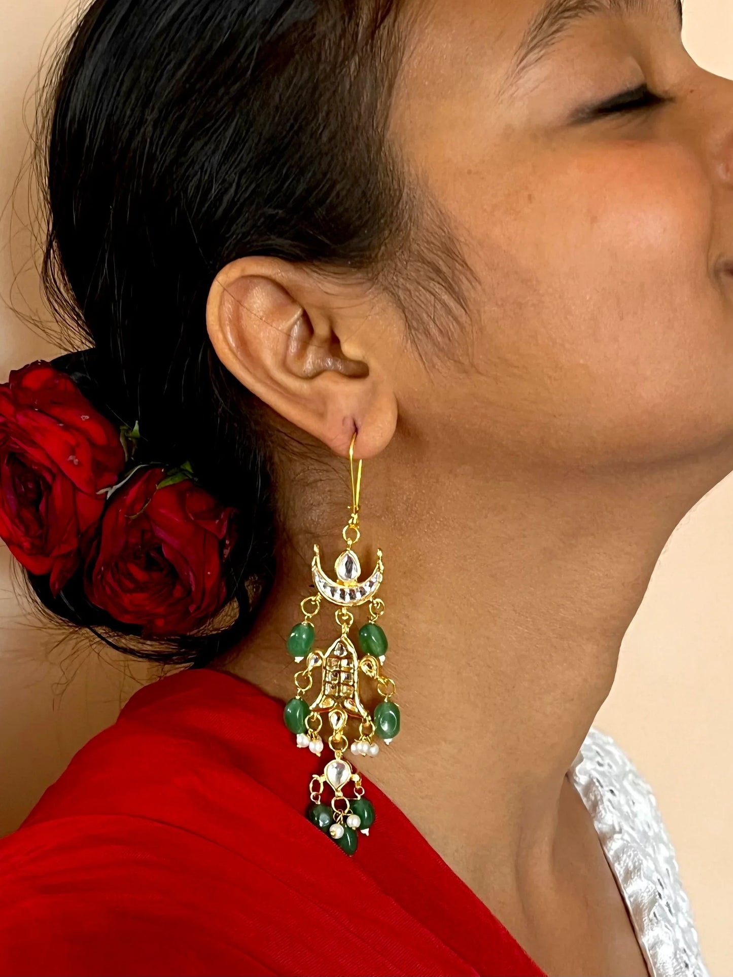 Glass Jade Stone with Kundan and Cheer Partywear Earring