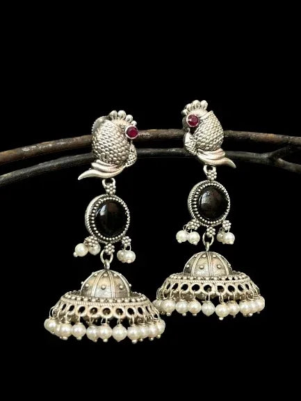 Silver Replica Mushroom Jhumki with Monalisa Stones Earring