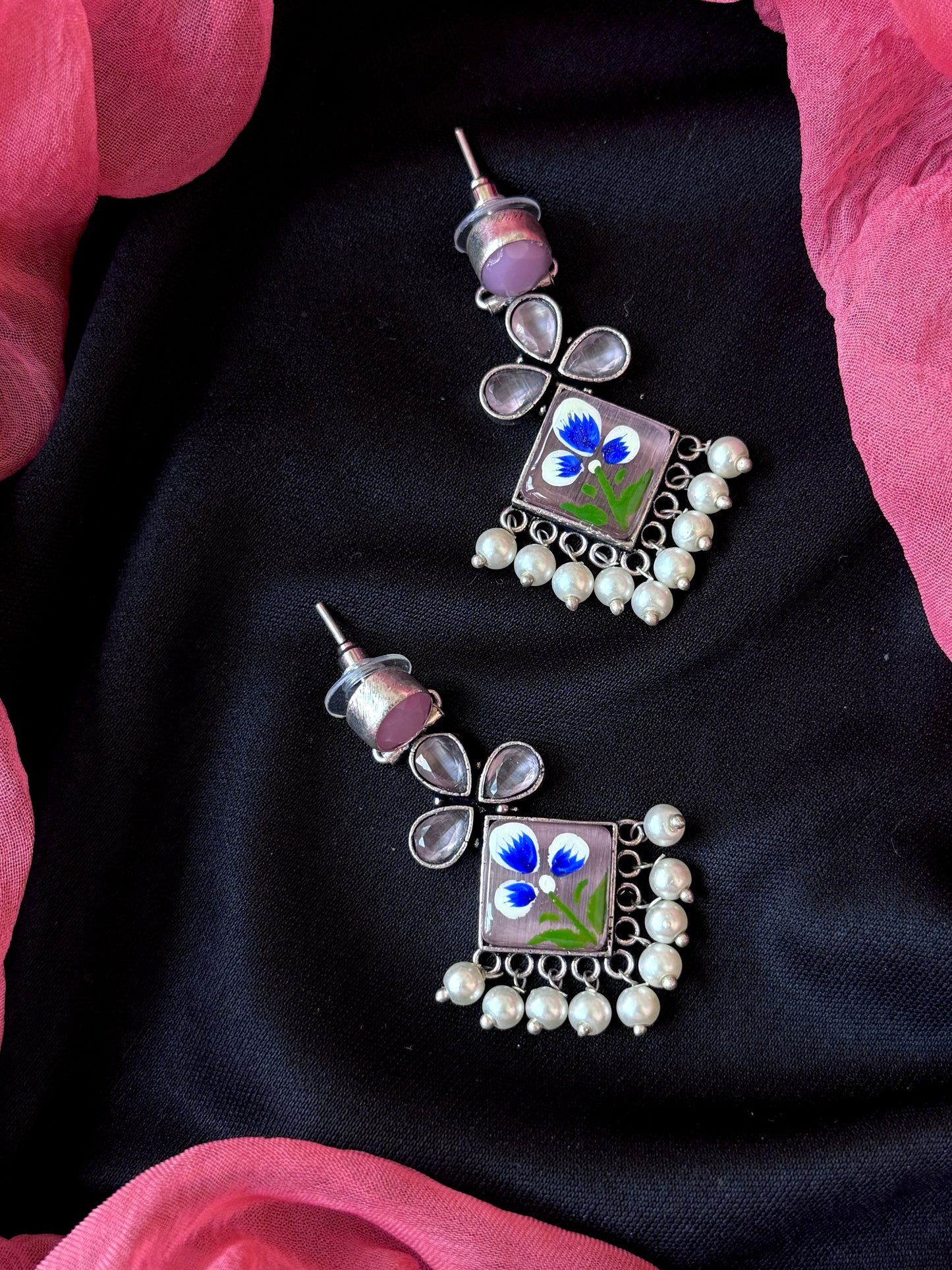 Monalisa Stone Hand Painted Partywear Silver Replica Earring