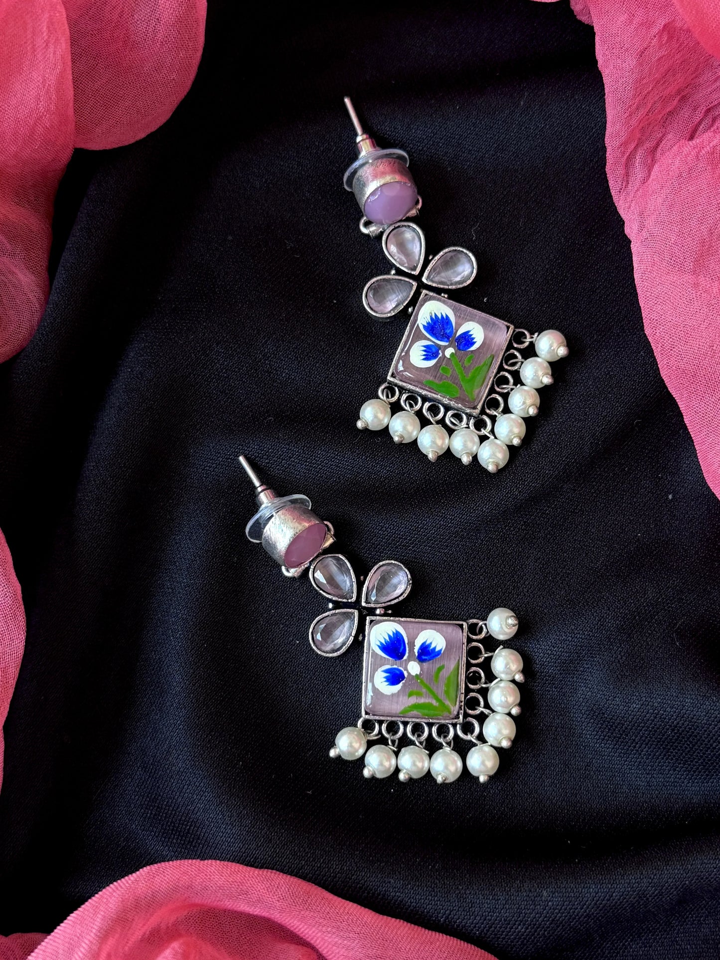 Monalisa Stone Hand Painted Partywear Silver Replica Earring