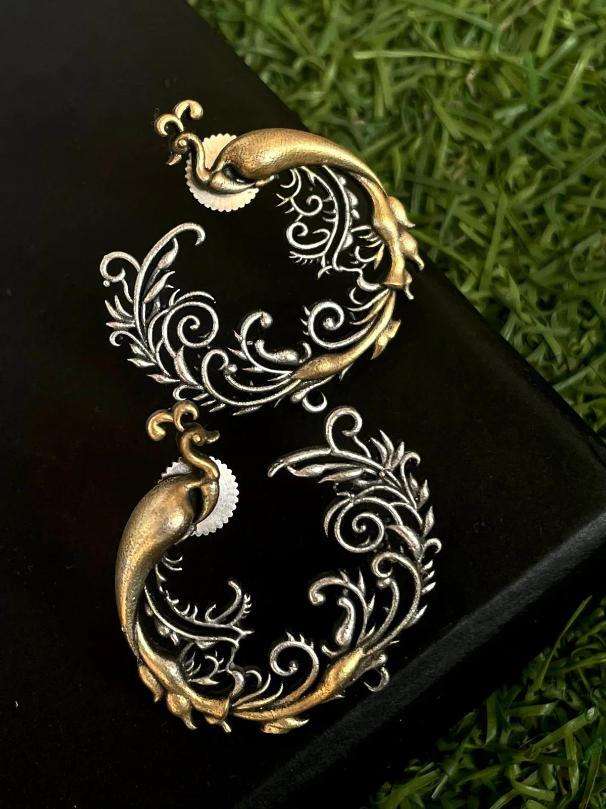 Dual Tone Peacock Shape Oxidized Earring