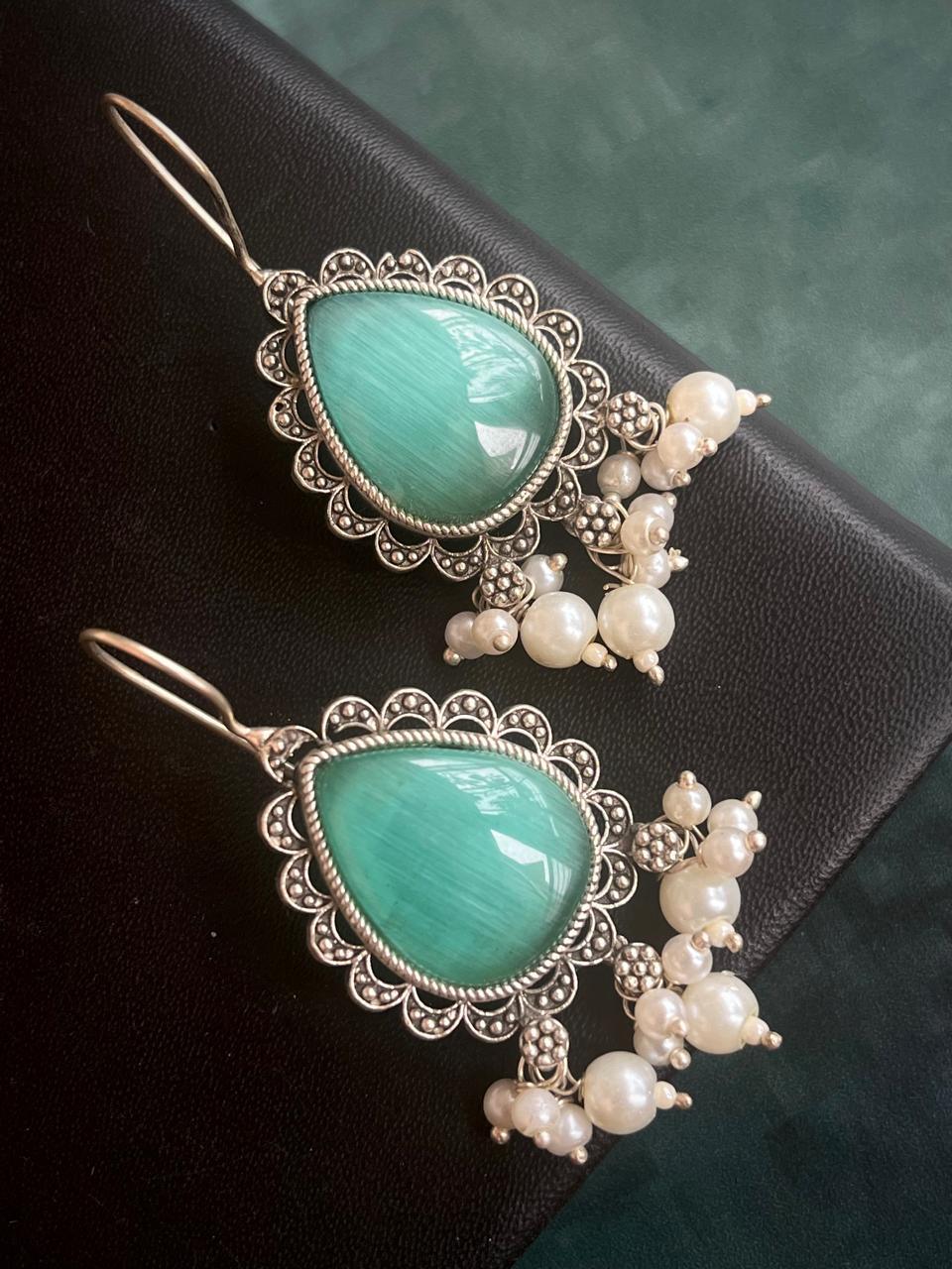 Big Monalisa Stone Beaded Silver Replica Earring