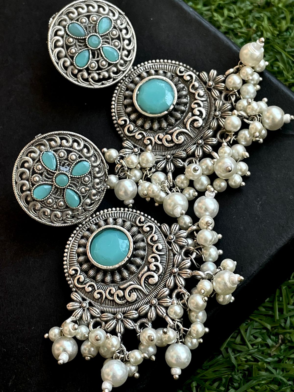 Ethnic Party wear Oxidized Drop earring with stone and beads