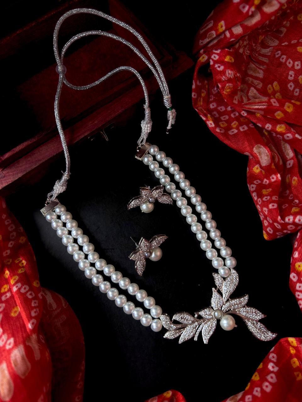 AD pendant Pearl Mala Necklace with AD Earring set