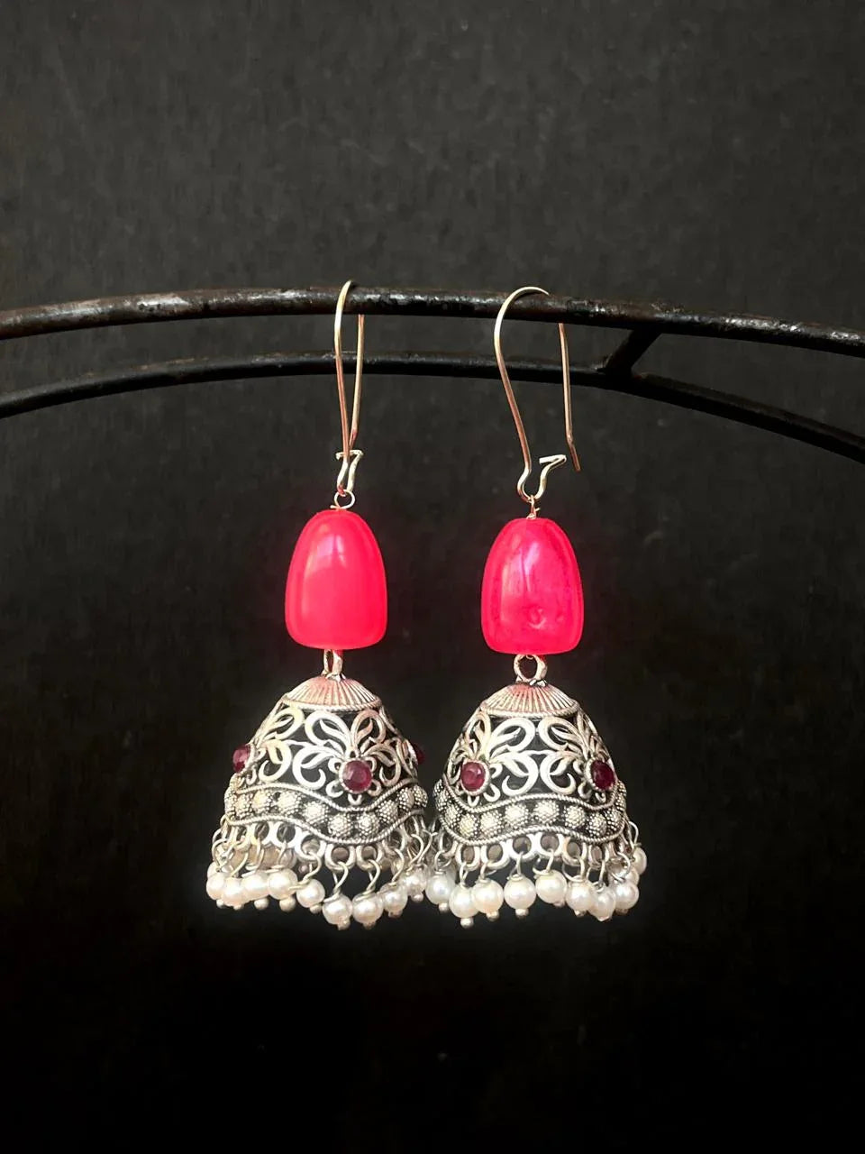 Oxidized Jhumki Fibre Beads Earring