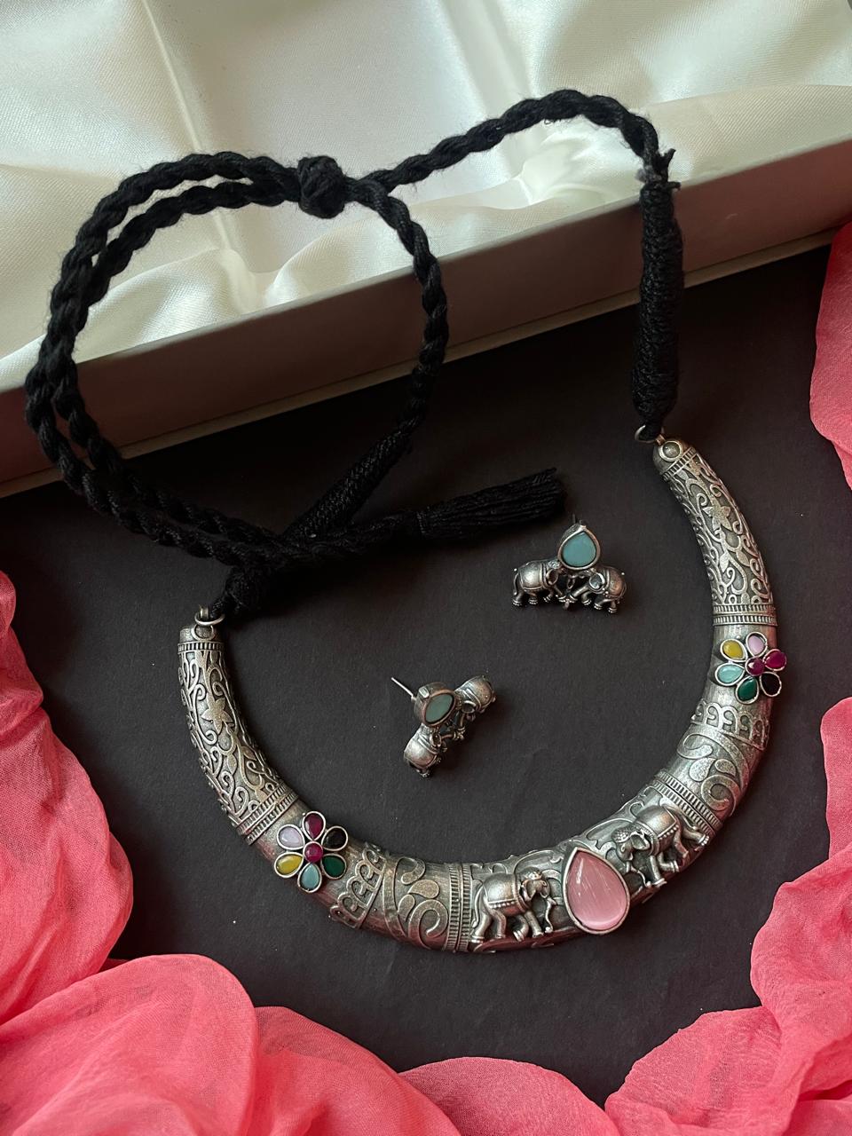 Monalisa Stone Oxidized Choker with Earring set