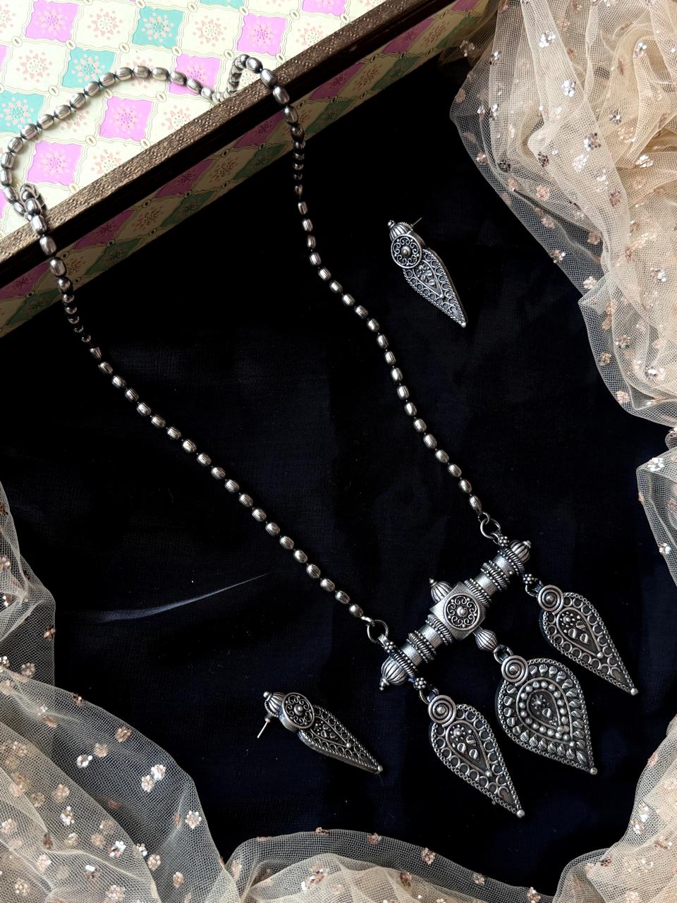Oxidized Partywear Long Necklace with Earring set