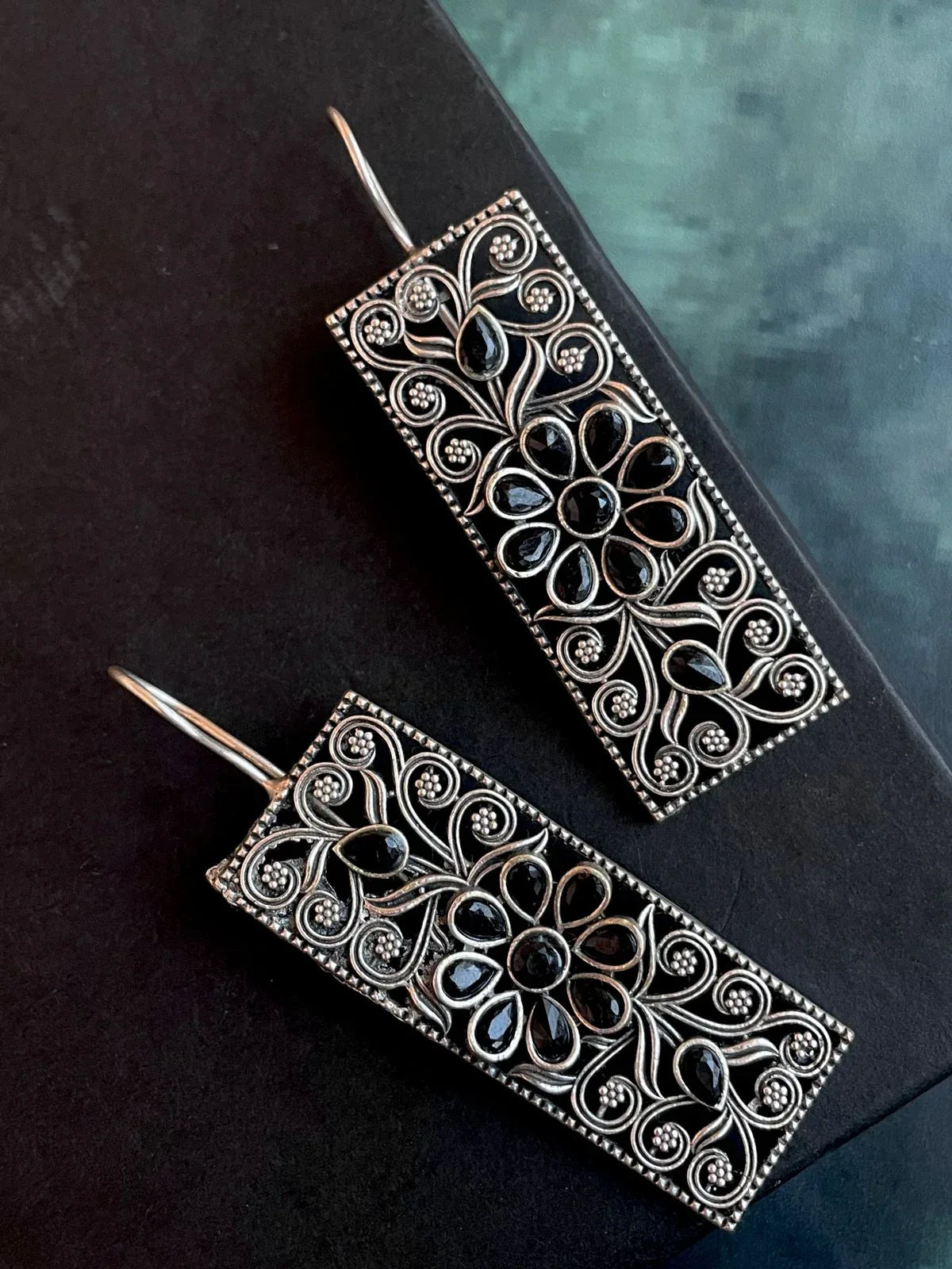Stone Black Polish Antique Look Long Earring